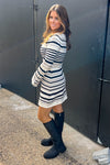 Boat Neck Bell Sleeve Sweater Dress-Black/Cream