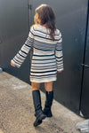 Boat Neck Bell Sleeve Sweater Dress-Black/Cream
