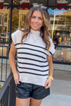 Turtleneck Power Shoulder Sweater Vest-Cream/Black