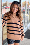 English Factory-Striped Knit Zip Pullover-Tan/Black