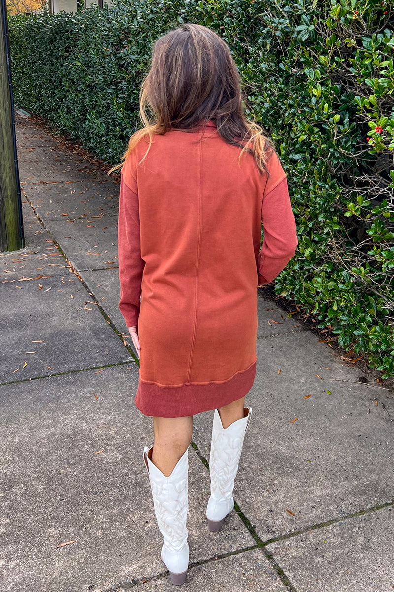 Cozy Composition Sweatshirt Dress-Rust