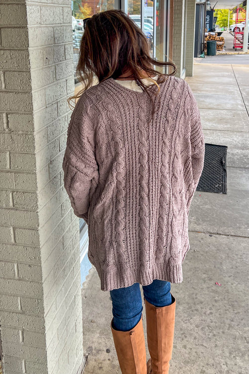 Chenille Cable Knit Oversized Open Front Cardigan-Mocha