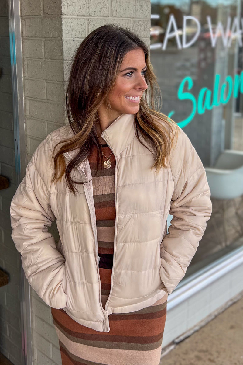 Zip Up Puffer Jacket with Storage Pouch-Cream