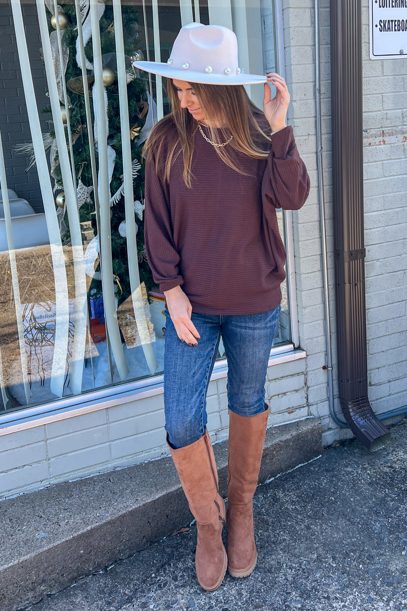 Brown Zenana Ribbed Batwing Top