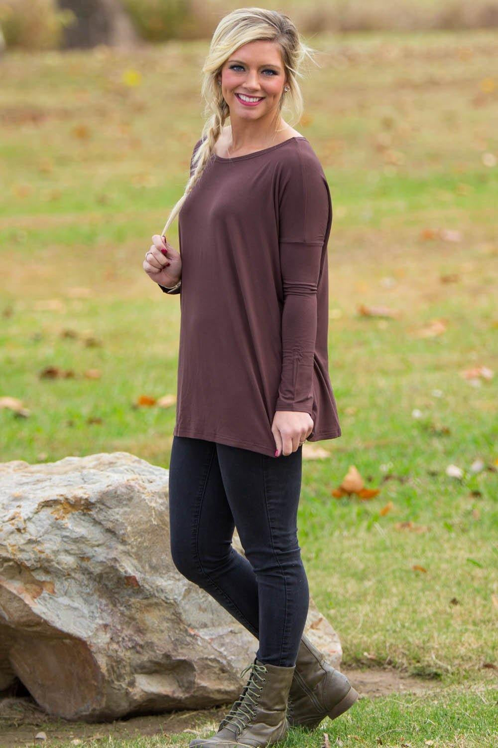 SALE-Long Sleeve Piko Top - Dark Brown – Simply Dixie Boutique