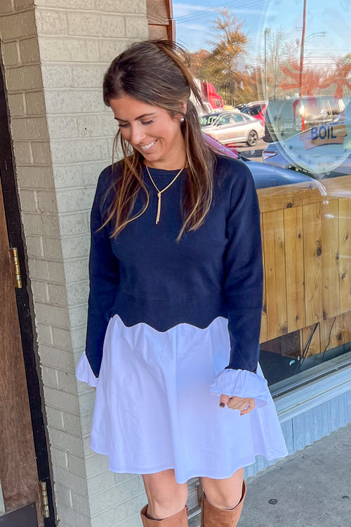 English Factory-Scalloped Knit Poplin Combo Dress-Navy/White