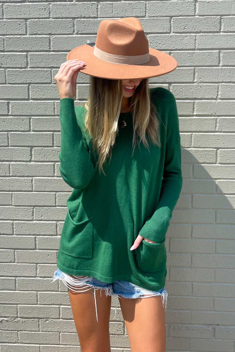 Dark Green Zenana Front Pocket Soft Sweater