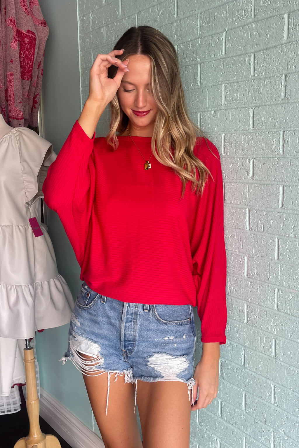 Zenana Ribbed Batwing Top Red