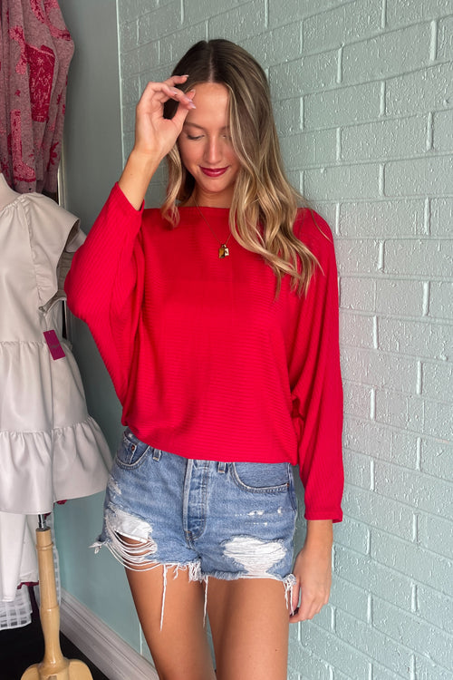 Zenana Ribbed Batwing Top Red