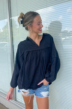 Zenana Double Gauze Balloon Long Sleeve Top Black