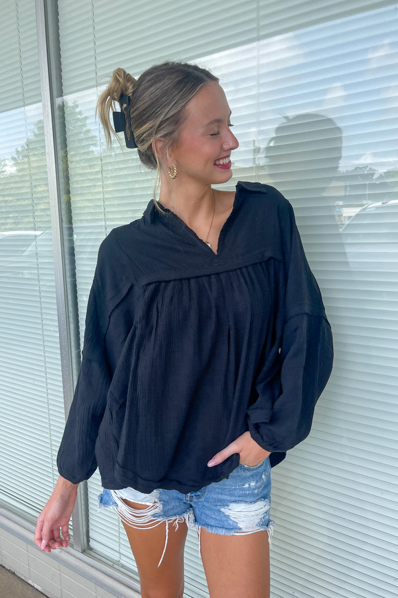 Zenana Double Gauze Balloon Long Sleeve Top Black