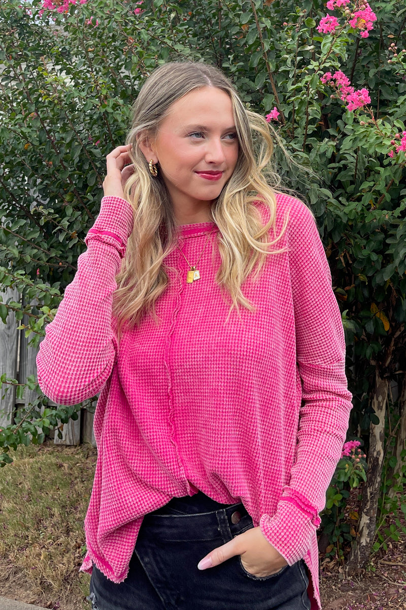 Zenana Long Sleeve Waffle Top Hot Pink