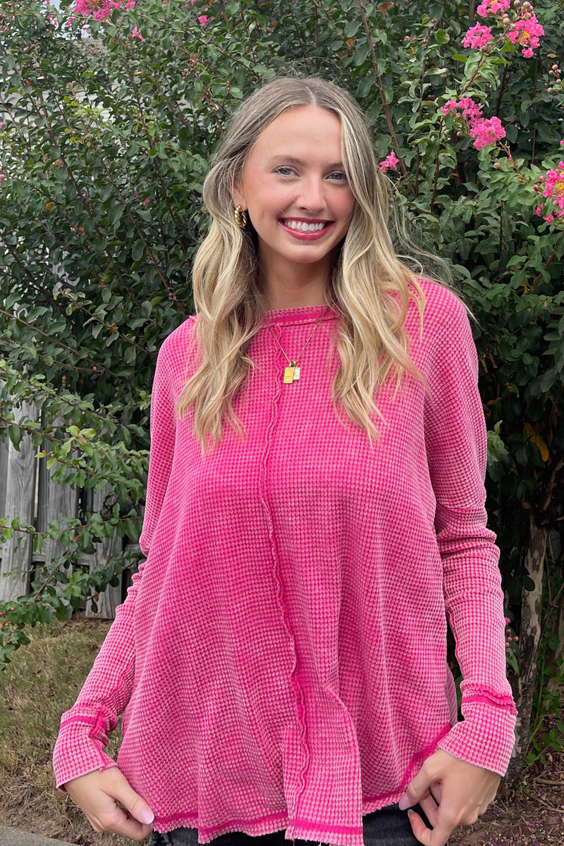 Fuchsia Long Sleeve Washed Baby Waffle Zenana Top