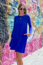 Bright Blue Zenana Long Sleeve Swing Dress with Pockets