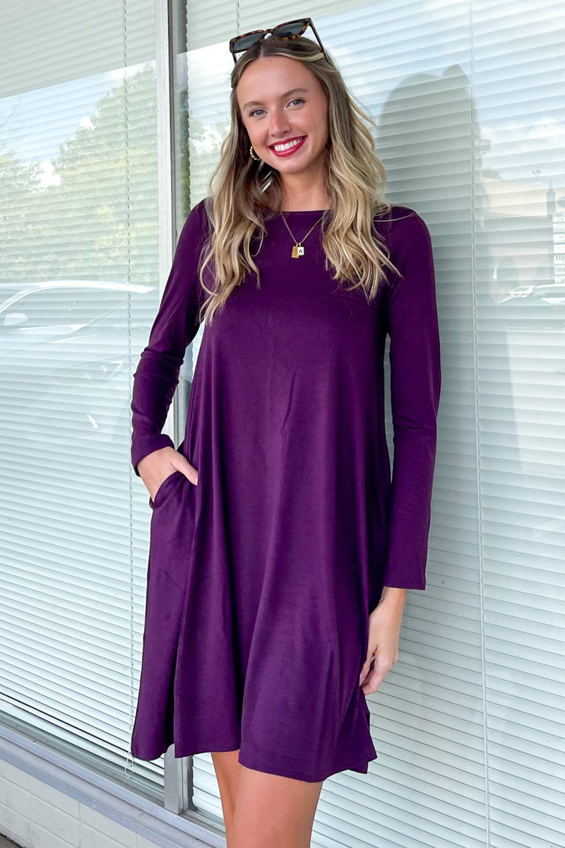 Eggplant Long Sleeve Zenana Swing Dress With Pockets