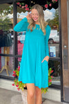 Light Teal Long Sleeve Zenana Swing Dress with Pockets
