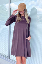 Brown Long Sleeve Zenana Swing Dress with Pockets