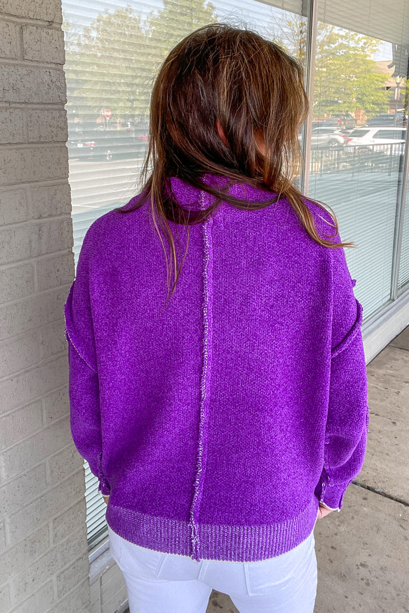 Zenana-Oversized Mock Neck Raw Seam Chenille Sweater