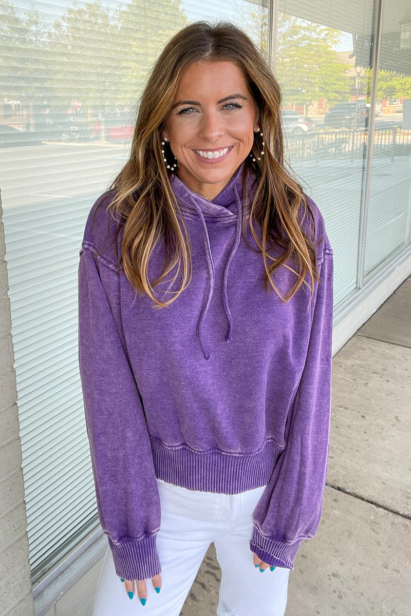 Zenana Acid Wash Fleece Cropped Hoodie Violet