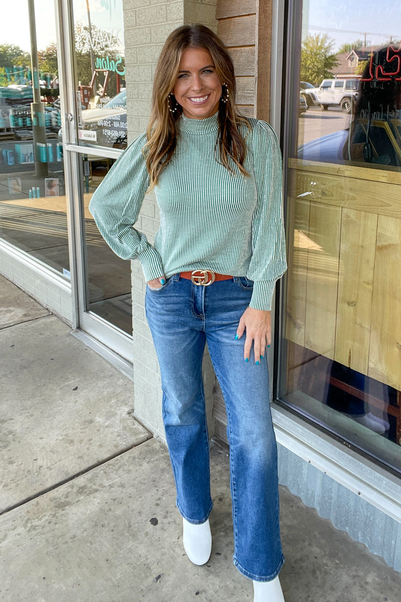 Zenana ribbed Mock Neck Top in Forest Green