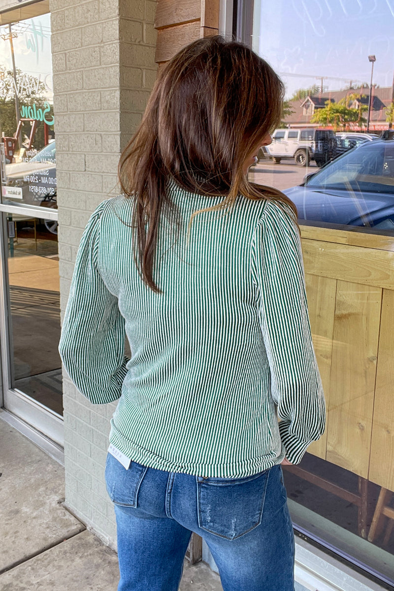 Zenana-Ribbed Mock Neck Puff Long Sleeve Top