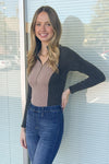 Raglan Contrast Half Zip Bodysuit-Charcoal/Mocha