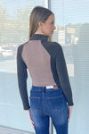 Raglan Contrast Half Zip Bodysuit-Charcoal/Mocha
