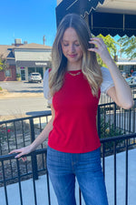 Red And White Puff Sleeve Gameday Top