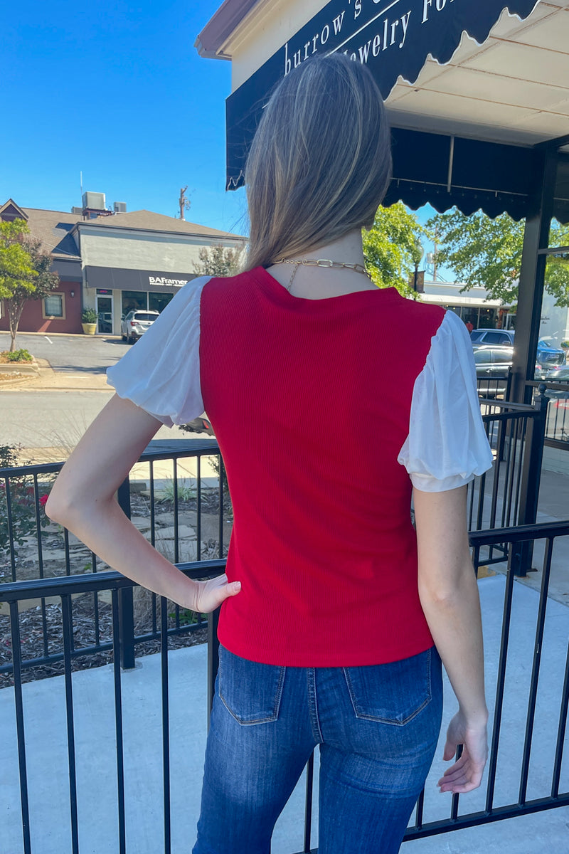 Gameday Ready Puff Sleeve Shirt-Red/White