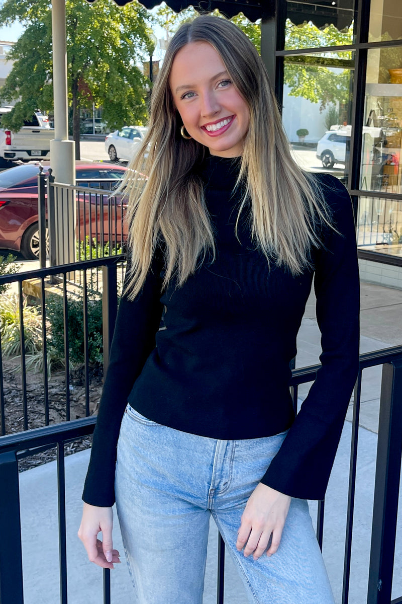 Umgee Bell Sleeve Mock Neck Ribbed Black top