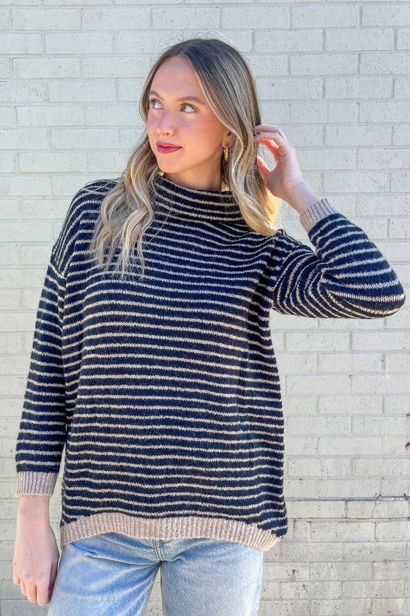 Stripe Hi Low Patterned Sweater-Black/Taupe