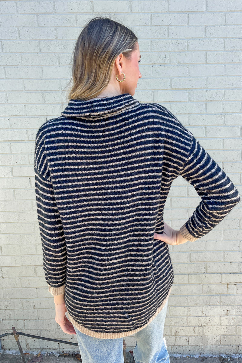 Stripe Hi Low Patterned Sweater-Black/Taupe