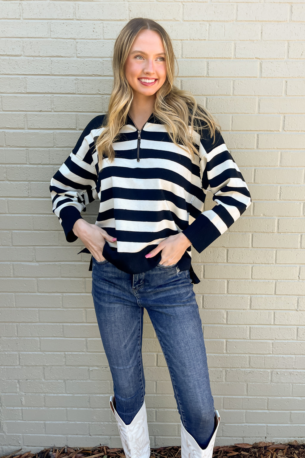 Olivaceous Black And White Stripe Half Zip Pullover