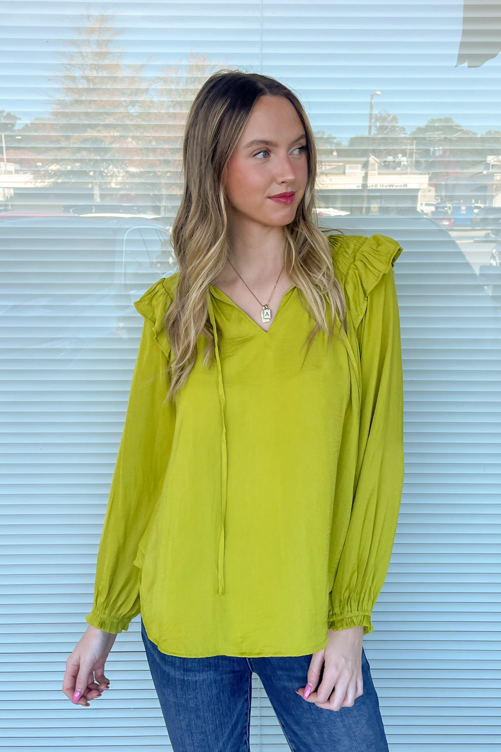 Umgee Flutter Sleeve Long Sleeve Top Chartreuse