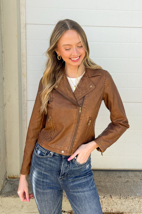 Vegan Leather Moto Jacket-Brown