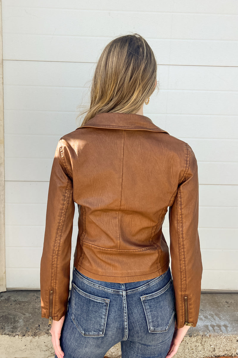 Vegan Leather Moto Jacket-Brown