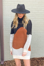 Color Block Mock Neck Sweater Dress-Black/Brown