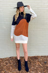 Color Block Mock Neck Sweater Dress-Black/Brown