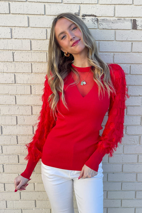 Lace Contrast Sweater Top-Red