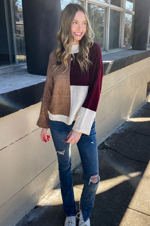 Colorblock Cutie Sweater Top-Rosewood