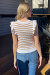 Round Neck Ruffle Sleeve Stripe Knit Top-White/Tan