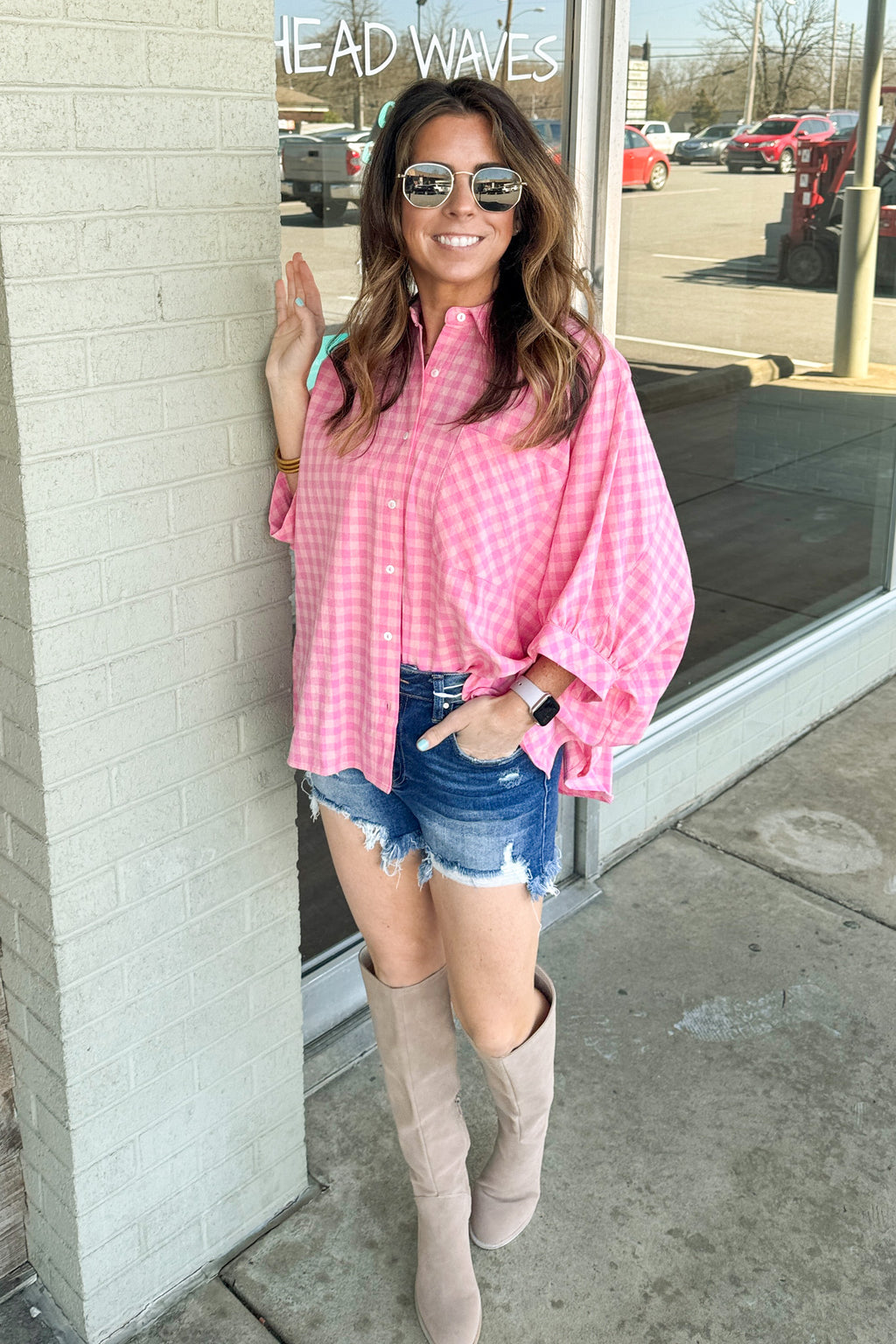 Entro Pink Gingham Oversized Button Down
