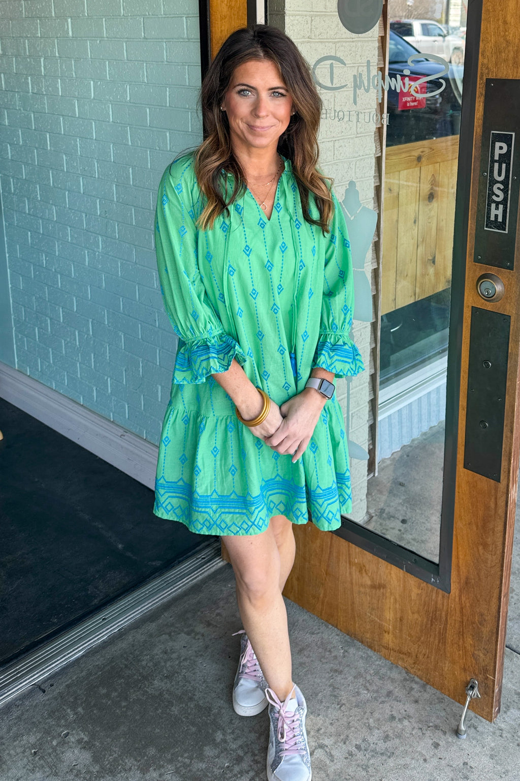 Umgee Green and Blue Embroidered Dress