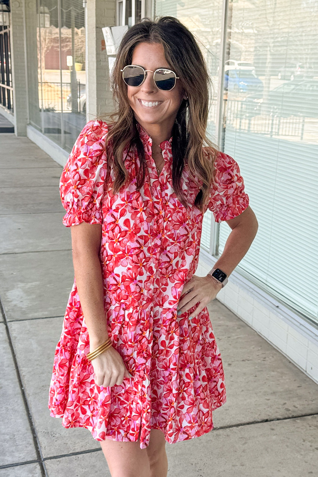 TCEC Floral Red and Coral Button Down Shift Dress