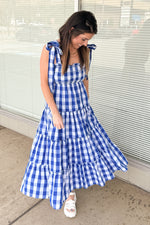 Pinch-Gingham Printed Tiered Maxi Dress-Blue
