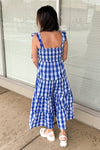 Pinch-Gingham Printed Tiered Maxi Dress-Blue