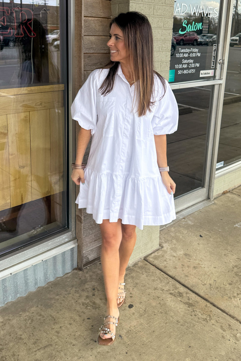 Pinch-Button Down Mini Dress-White