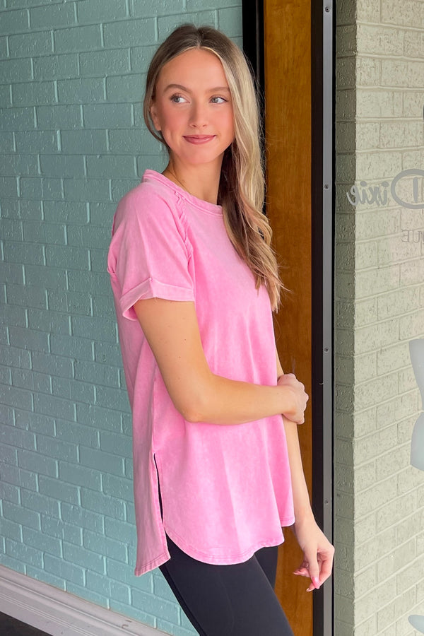 Zenana French Terry Short Sleeve Top  Pink