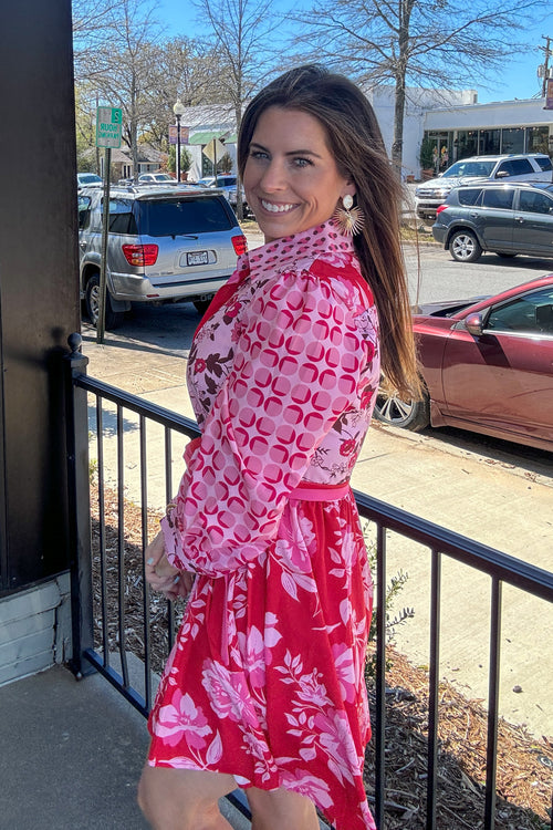Spring At It's Best Long Sleeve Belted Shirt Dress-Pink