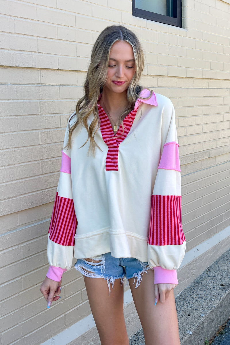 Casual Strolls Sweatshirt Top-Ecru/Pink